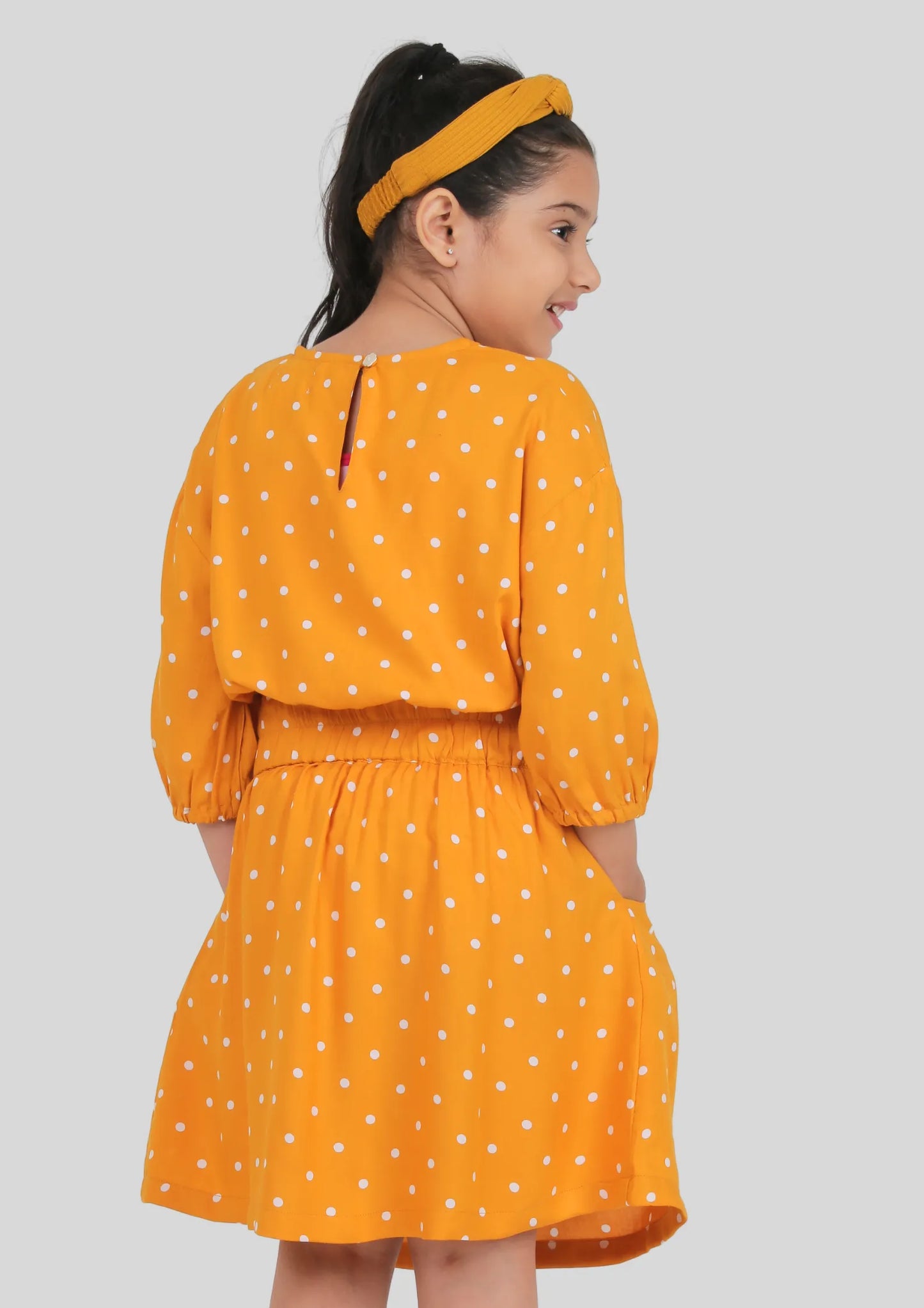 Yellow Polka Dot Drop Shoulder Midi Dress with Pocket