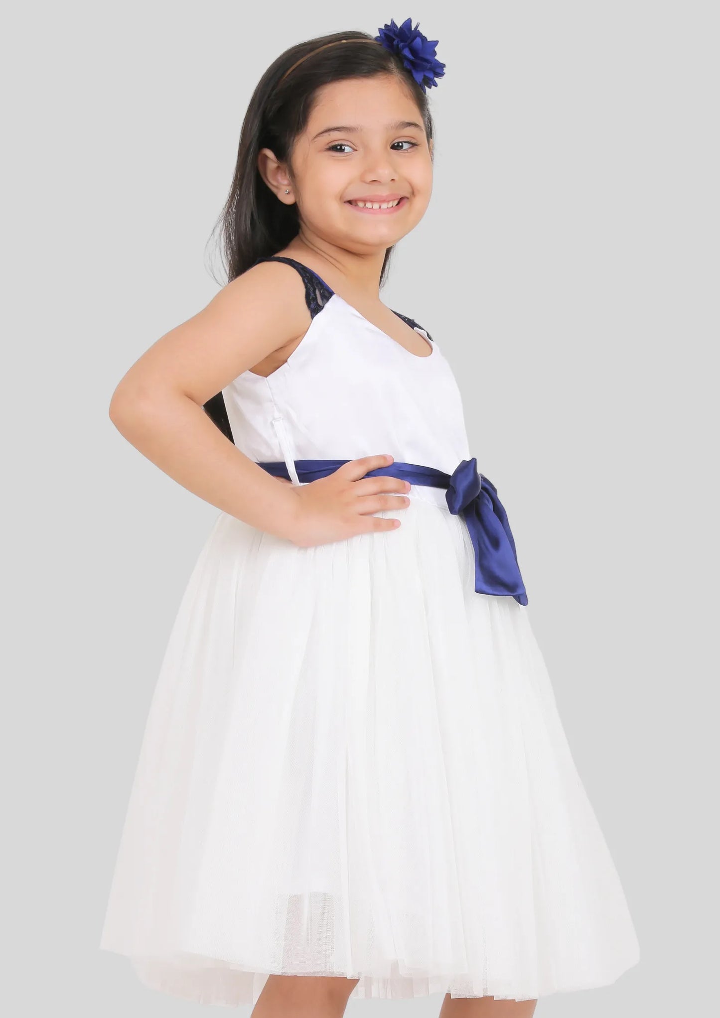 White and Navy Blue Midi Party Dress