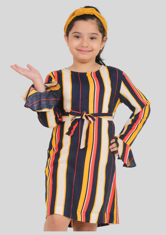 Multicolor Stripe Full Sleeves Midi Dress with Pocket