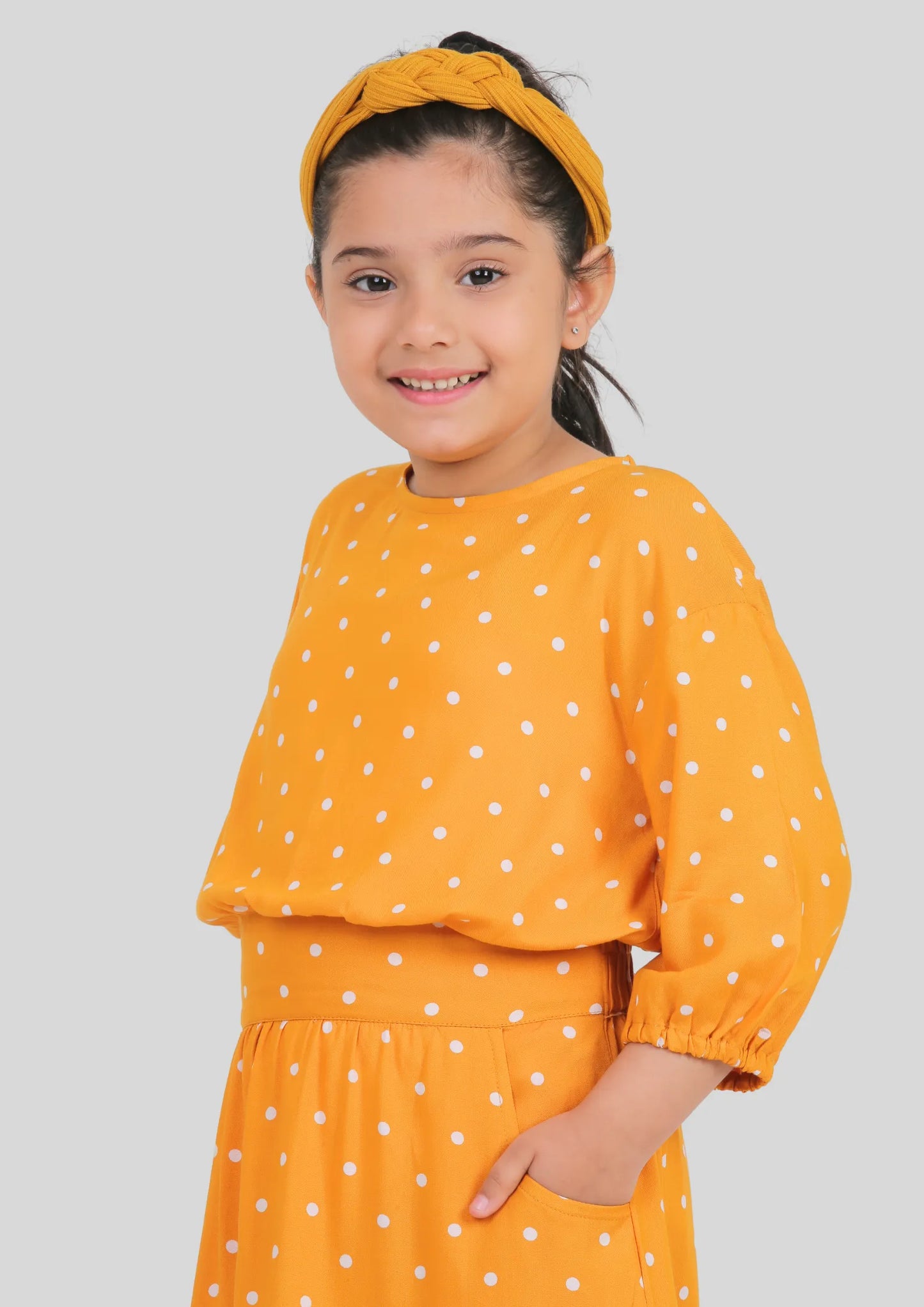 Yellow Polka Dot Drop Shoulder Midi Dress with Pocket