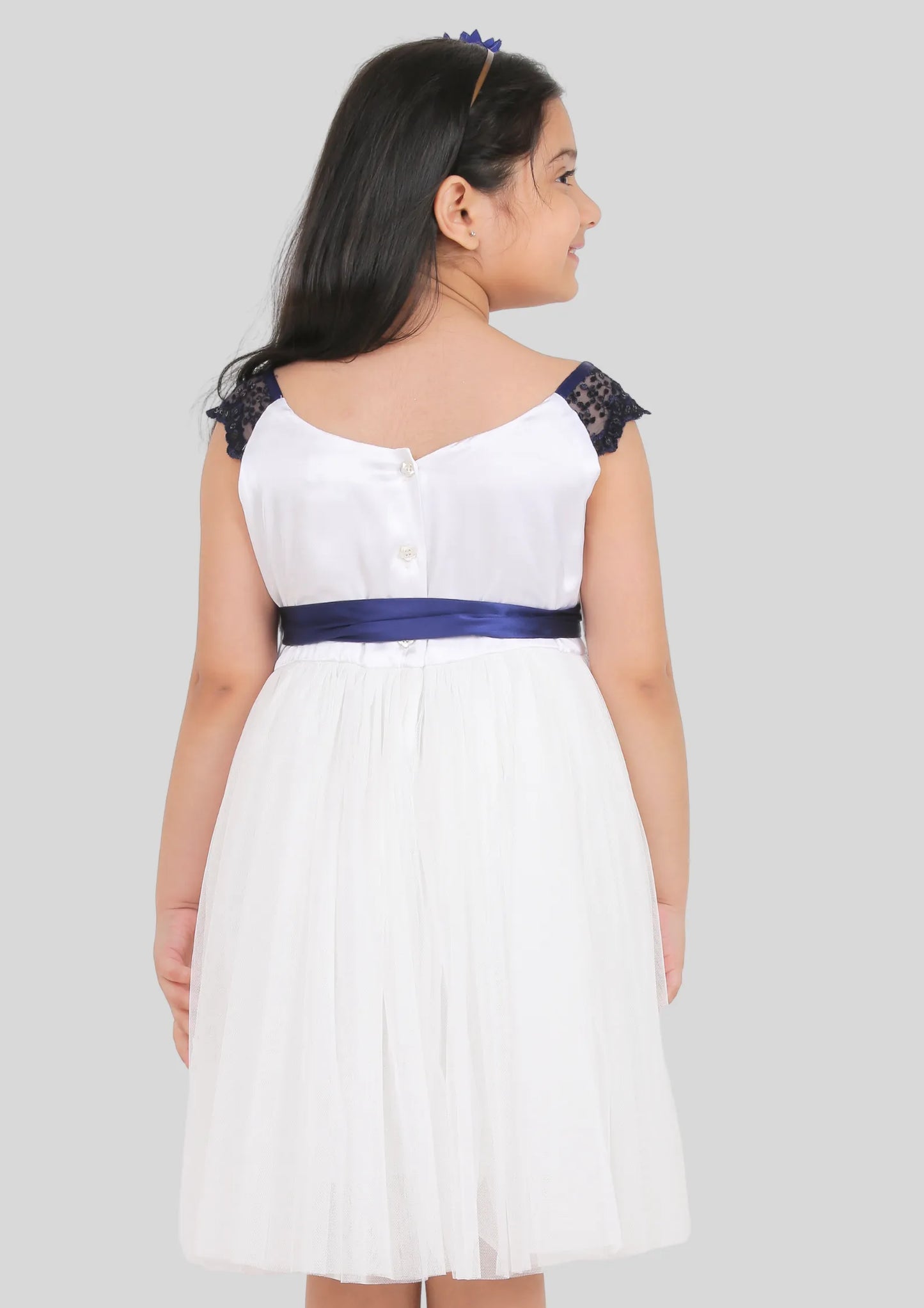 White and Navy Blue Midi Party Dress