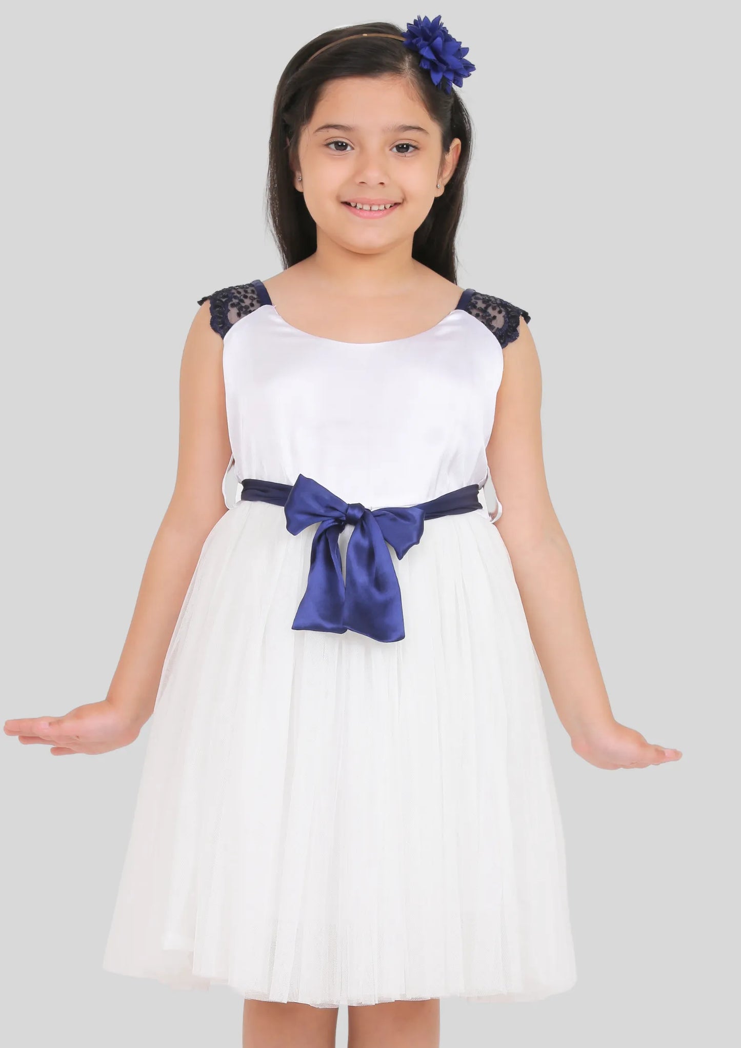 White and Navy Blue Midi Party Dress