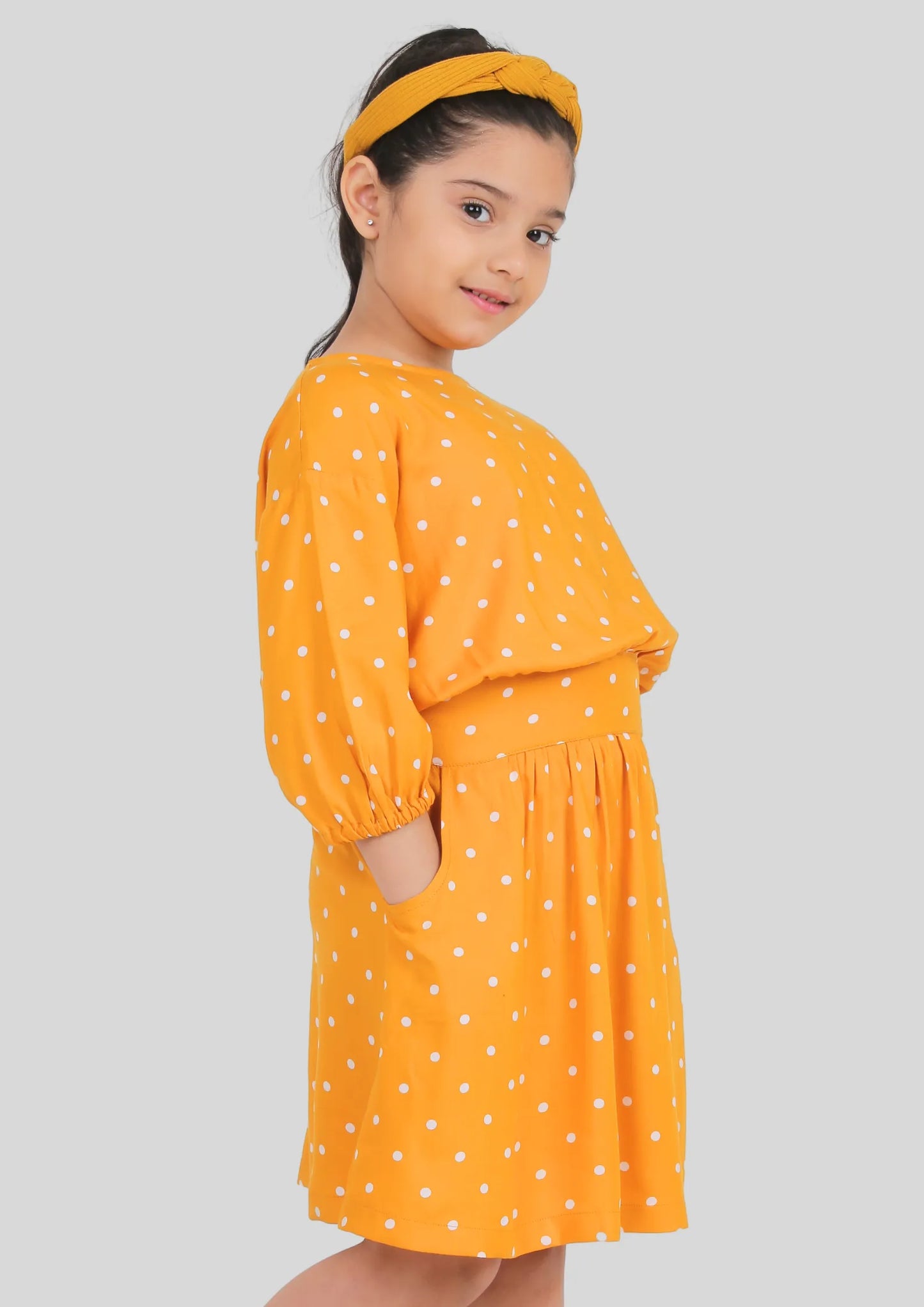Yellow Polka Dot Drop Shoulder Midi Dress with Pocket