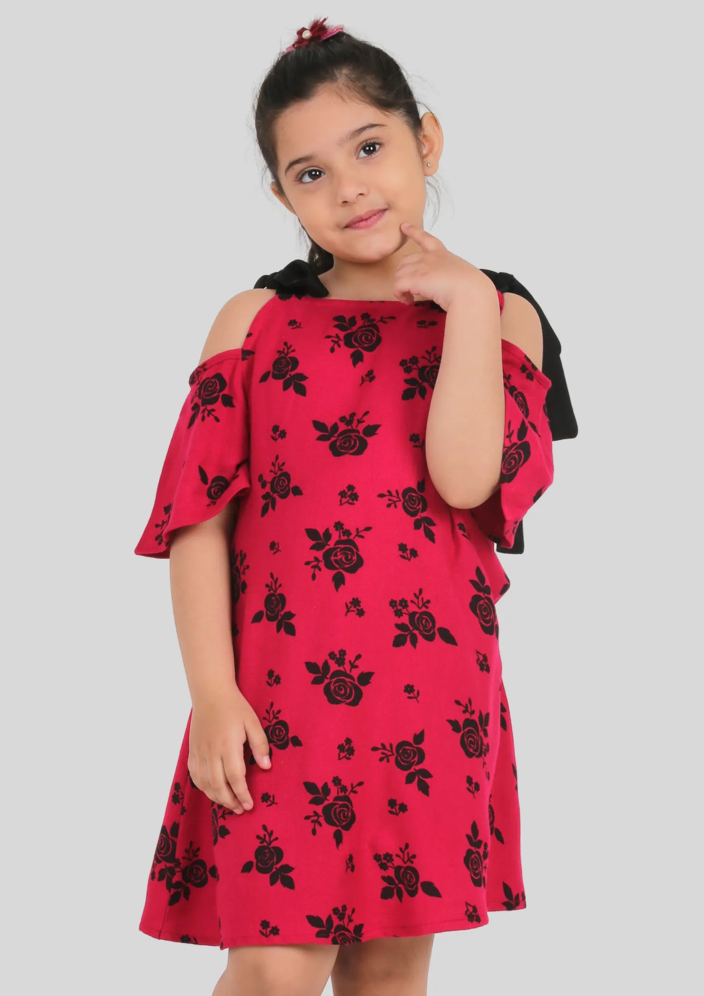 Pink Floral Black Strap Midi/Knee Length Dress