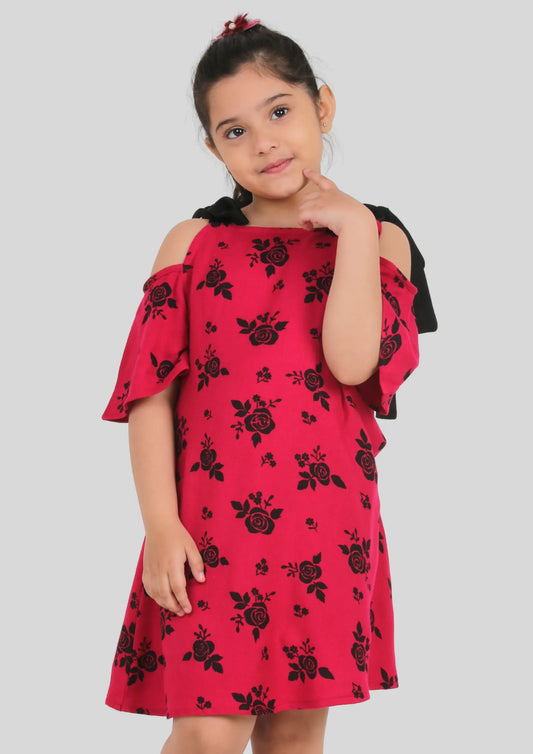 Pink Floral Black Strap Midi/Knee Length Dress