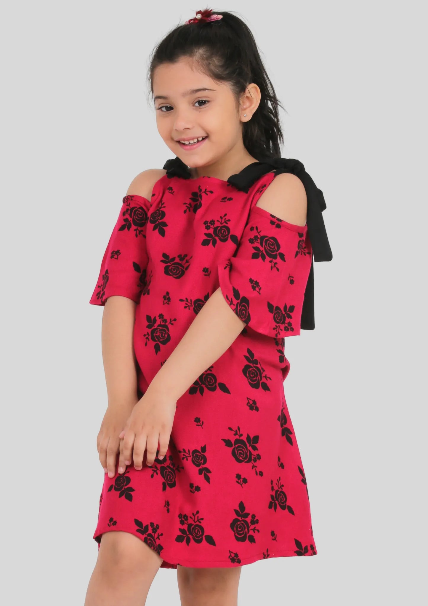 Pink Floral Black Strap Midi/Knee Length Dress