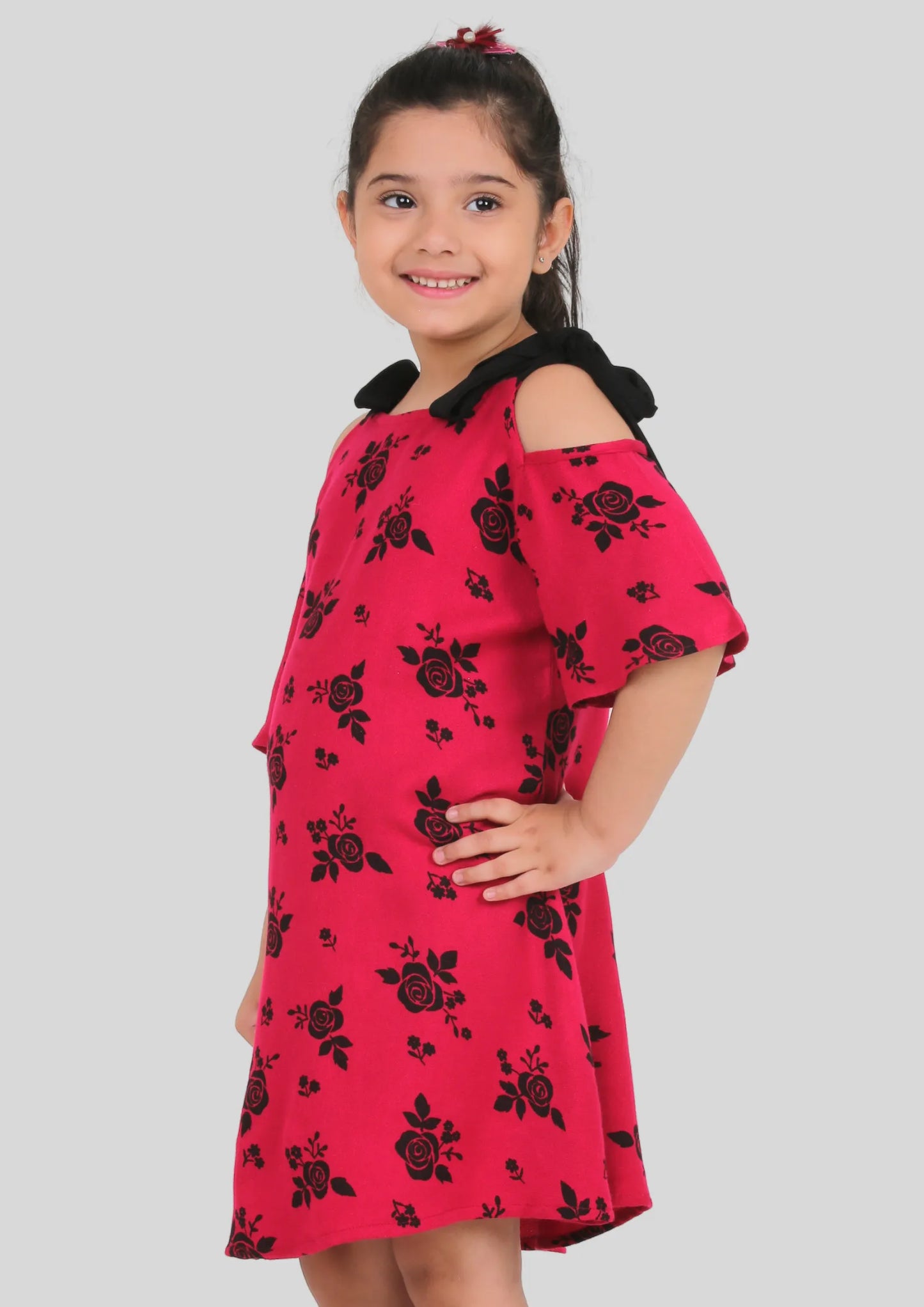 Pink Floral Black Strap Midi/Knee Length Dress